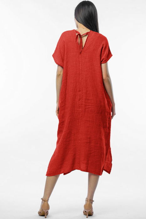 Rochie lunga din in cu funda pe spate, caramiziu intens [3]