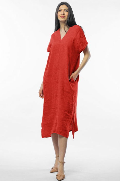 Rochie lunga din in cu funda pe spate, caramiziu intens [2]