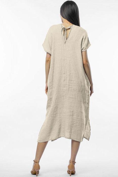 Rochie lunga din in cu funda pe spate, bej [3]