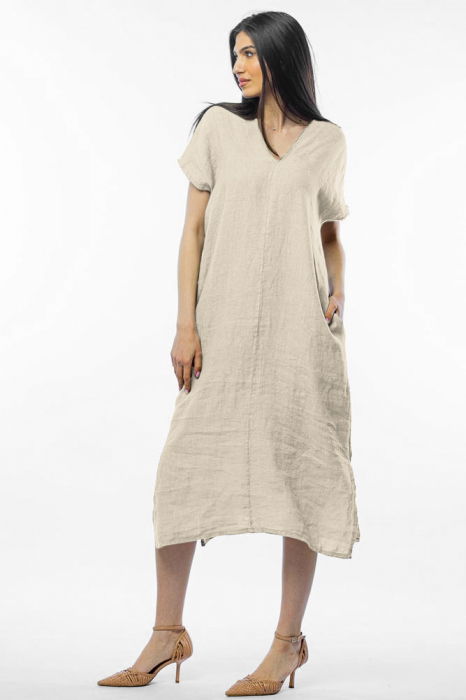 Rochie lunga din in cu funda pe spate, bej
