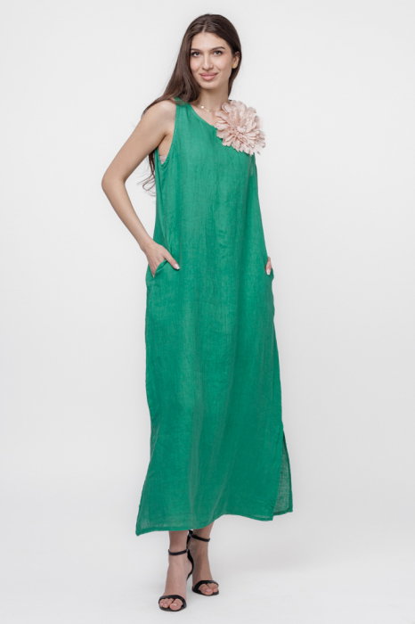 Rochie lunga A-line din in, fara maneci, verde