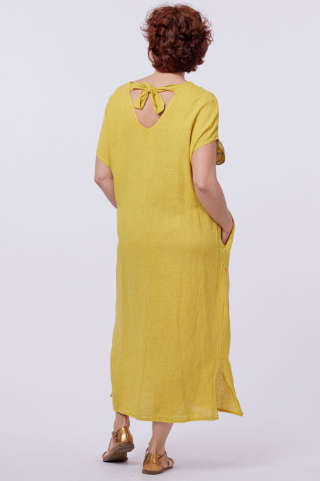 Rochie lunga din in cu imprimeu pictural floral si funda pe spate, pe fond galben [3]