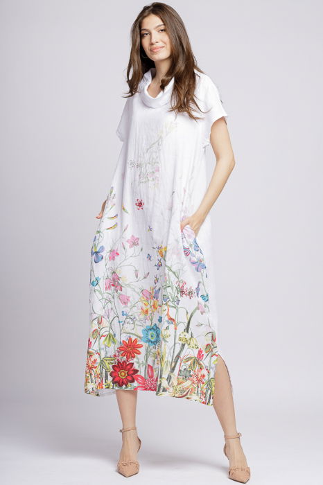Rochie lunga din in cu guler intors si imprimeu pictural floral pe fond alb