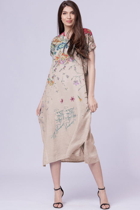 Rochie lunga din in cu imprimeu pictural floral si funda pe spate, pe fond bej