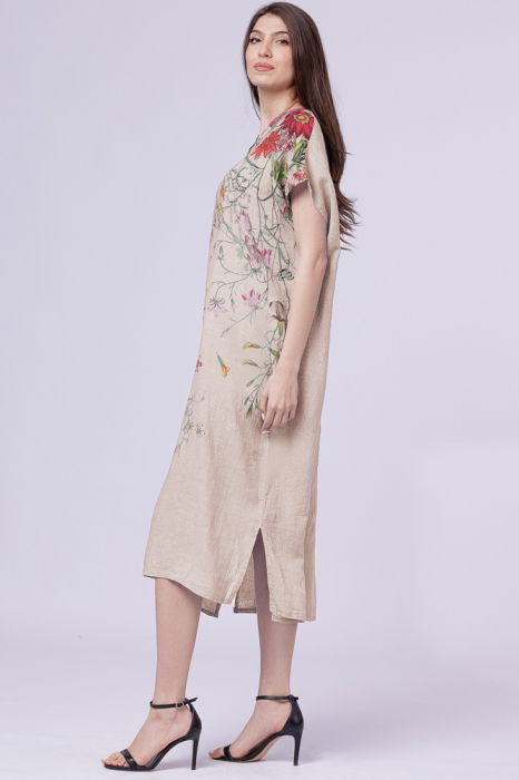 Rochie lunga din in cu imprimeu pictural floral si funda pe spate, pe fond bej [2]