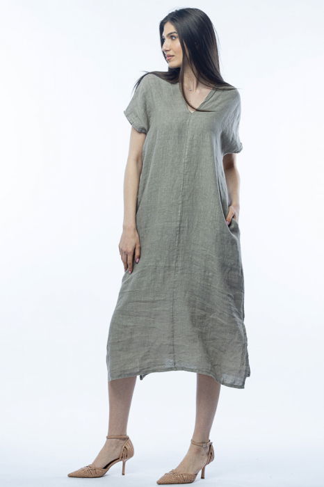 Rochie lunga din in cu funda pe spate,bej inchis
