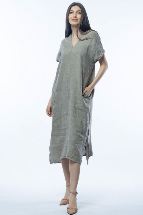 Rochie lunga din in cu funda pe spate,bej inchis [3]