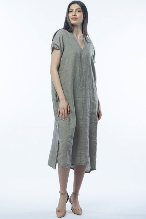 Rochie lunga din in cu funda pe spate,bej inchis [2]