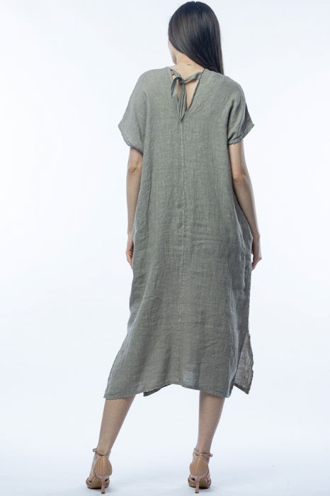 Rochie lunga din in cu funda pe spate,bej inchis [4]