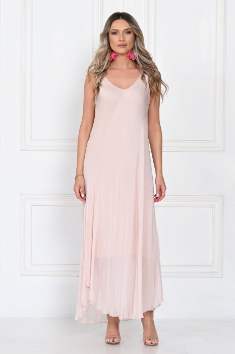 Rochie lunga din matase cu croi fluid si bretele fine, eleganta, roz delicat