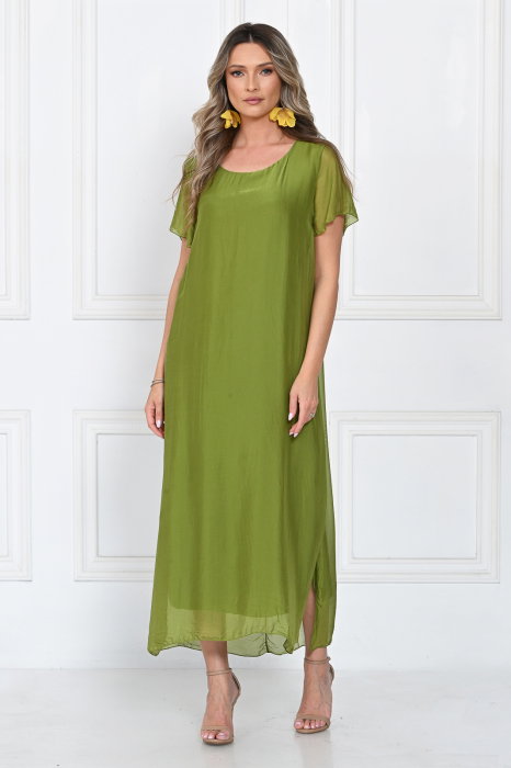 Rochie lunga din matase si vascoza cu croi lejer si maneci scurte, eleganta, verde olive