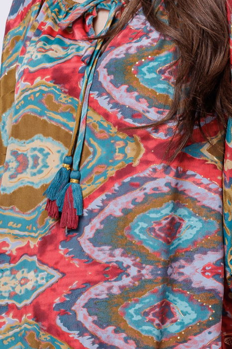 Rochie asimetrica din matase indiana, cu maneci bufante si elemente aurii [4]