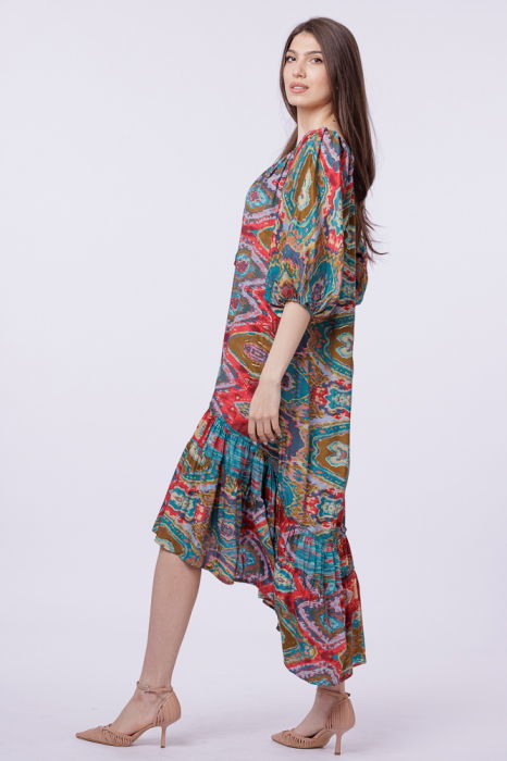 Rochie asimetrica din matase indiana, cu maneci bufante si elemente aurii [2]