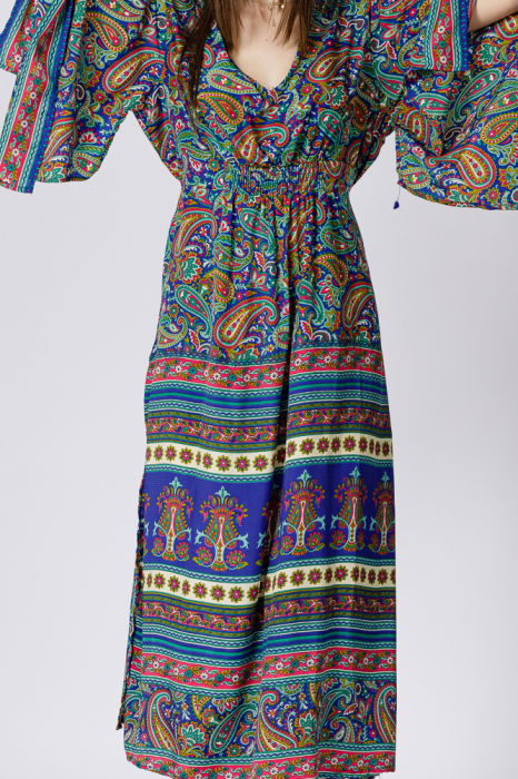 Rochie lunga din matase indiana cu maneca ampla si imprimeu arabesque albastru-verde [6]