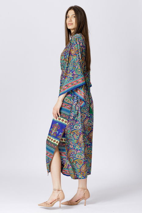 Rochie lunga din matase indiana cu maneca ampla si imprimeu arabesque albastru-verde [4]