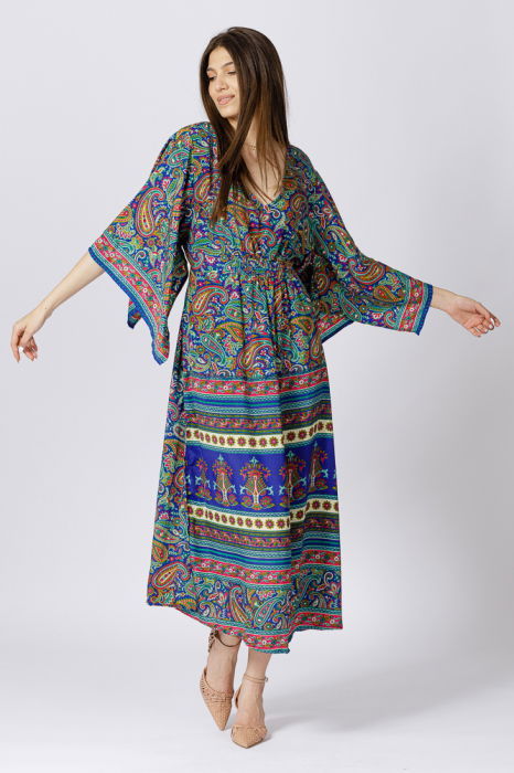 Rochie lunga din matase indiana cu maneca ampla si imprimeu arabesque albastru-verde [2]