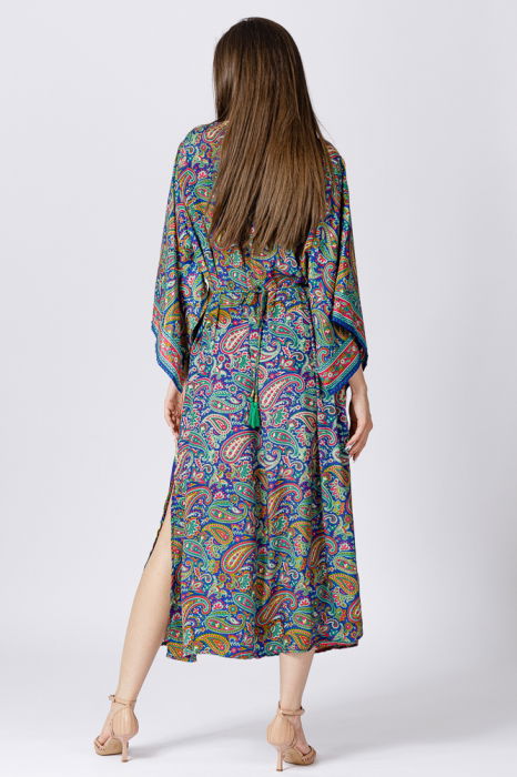 Rochie lunga din matase indiana cu maneca ampla si imprimeu arabesque albastru-verde [5]