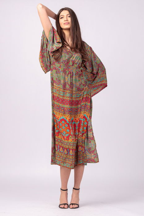 Rochie lunga din matase indiana cu maneca ampla si imprimeu arabesque rosu-verde [2]
