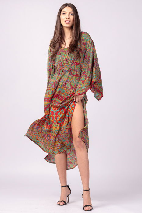 Rochie lunga din matase indiana cu maneca ampla si imprimeu arabesque rosu-verde [8]