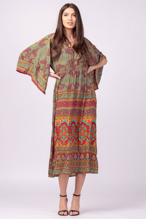 Rochie lunga din matase indiana cu maneca ampla si imprimeu arabesque rosu-verde [3]