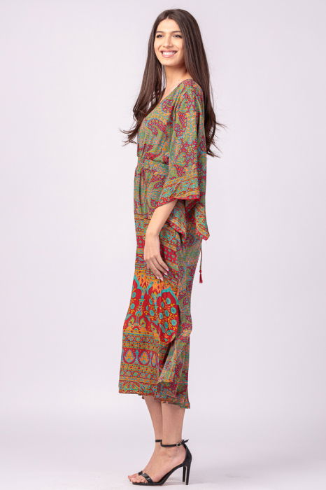 Rochie lunga din matase indiana cu maneca ampla si imprimeu arabesque rosu-verde [6]