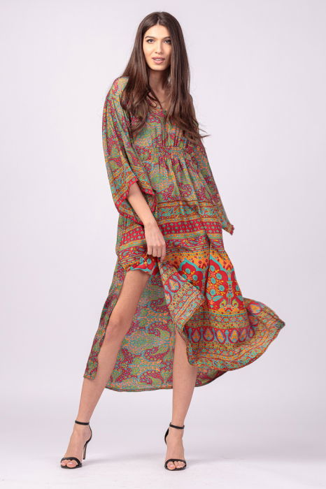 Rochie lunga din matase indiana cu maneca ampla si imprimeu arabesque rosu-verde [9]