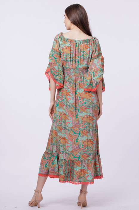 Rochie lunga din matase indiana, pe umeri, cu maneci ample, verde-corai [4]
