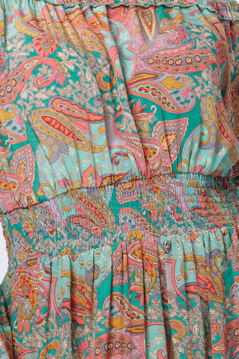 Rochie lunga din matase indiana, pe umeri, cu maneci ample, verde-corai [5]