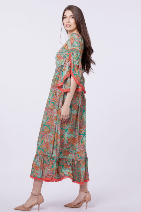 Rochie lunga din matase indiana, pe umeri, cu maneci ample, verde-corai [3]