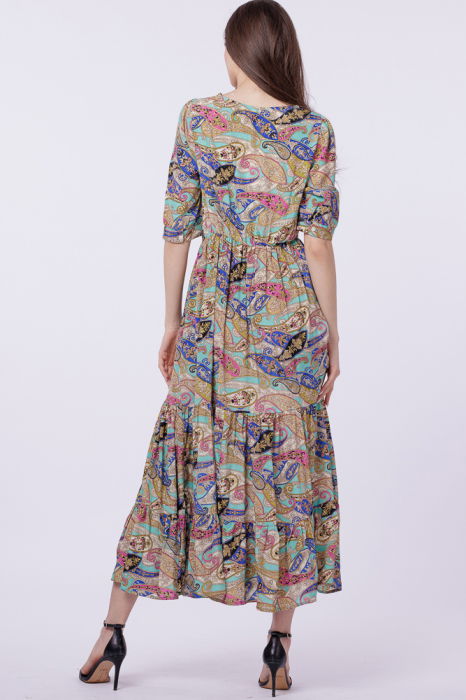 Rochie lunga din matase indiana, cu bust petrecut, imprimeu paisley si elemente aurii [3]