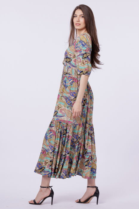 Rochie lunga din matase indiana, cu bust petrecut, imprimeu paisley si elemente aurii [2]