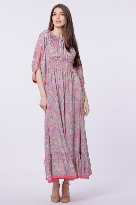 Rochie lunga din matase indiana, pe umeri, cu maneci ample, roz [2]