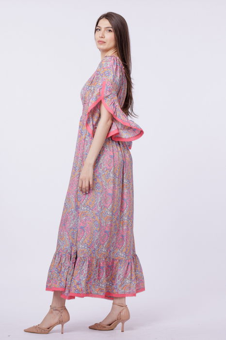 Rochie lunga din matase indiana, pe umeri, cu maneci ample, roz [3]