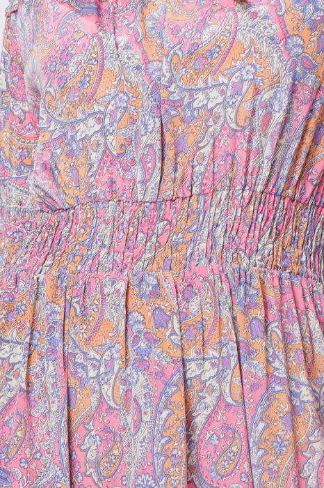 Rochie lunga din matase indiana, pe umeri, cu maneci ample, roz [5]