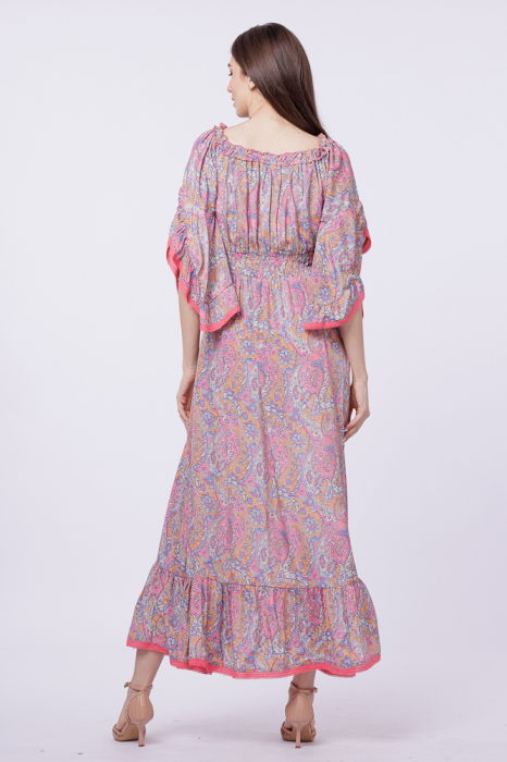 Rochie lunga din matase indiana, pe umeri, cu maneci ample, roz [4]