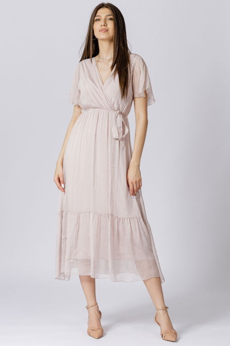 Rochie lunga din matase si vascoza, cu bust petrecut, roz prafuit