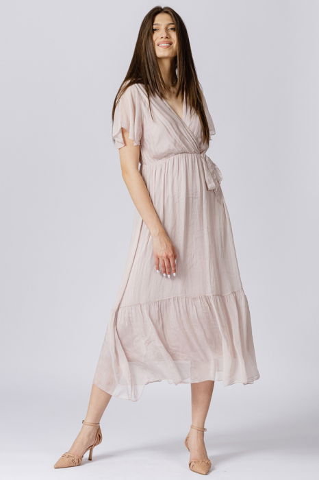 Rochie lunga din matase si vascoza, cu bust petrecut, roz prafuit [3]