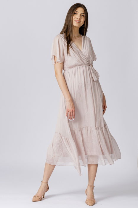 Rochie lunga din matase si vascoza, cu bust petrecut, roz prafuit [2]