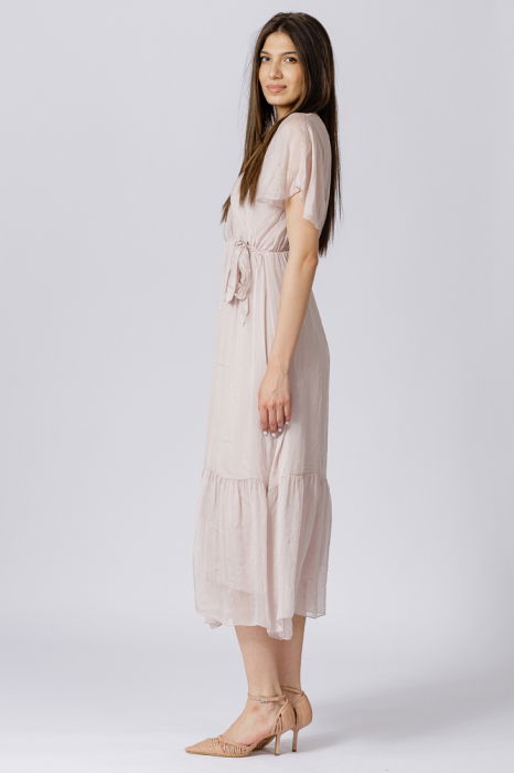 Rochie lunga din matase si vascoza, cu bust petrecut, roz prafuit [4]