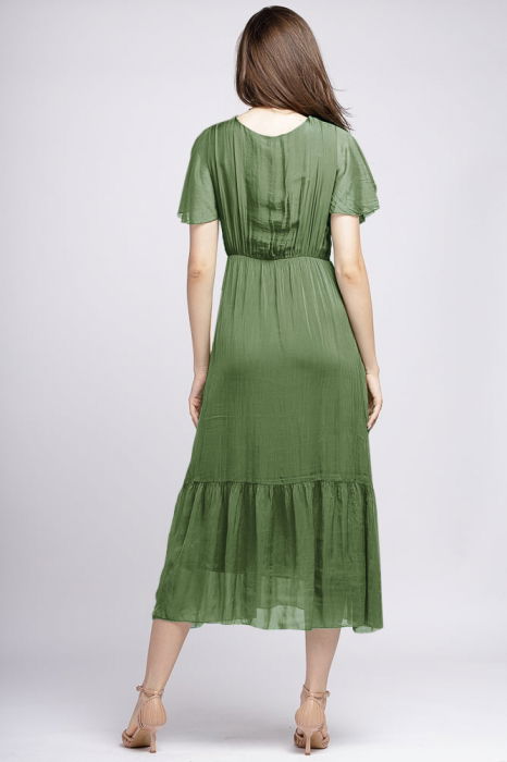 Rochie lunga din matase si vascoza cu bust petrecut, kaki [3]