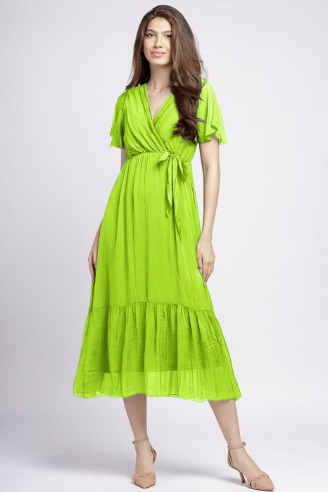 Rochie lunga din matase si vascoza, cu bust petrecut, verde kiwi
