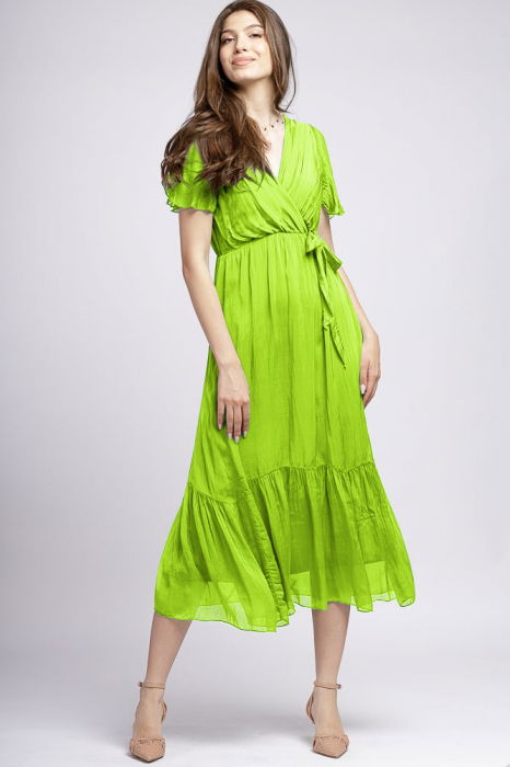 Rochie lunga din matase si vascoza, cu bust petrecut, verde kiwi [2]