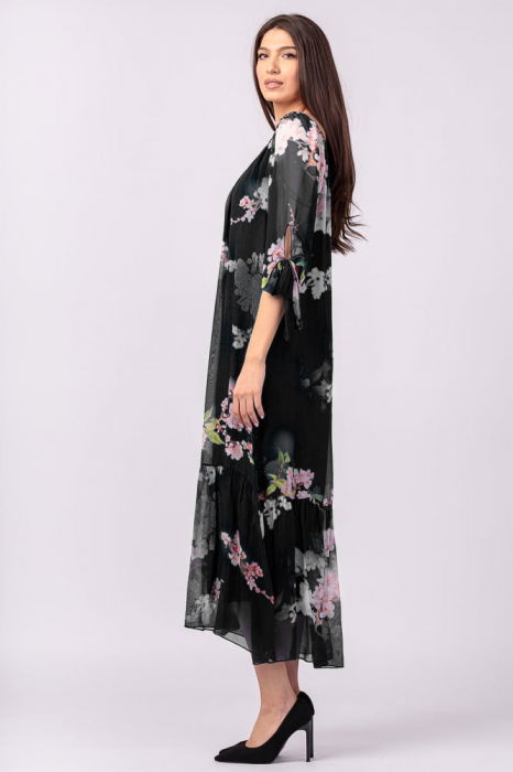 Rochie lunga din matase si vascoza, cu imprimeu flori de cires pe fond negru [3]