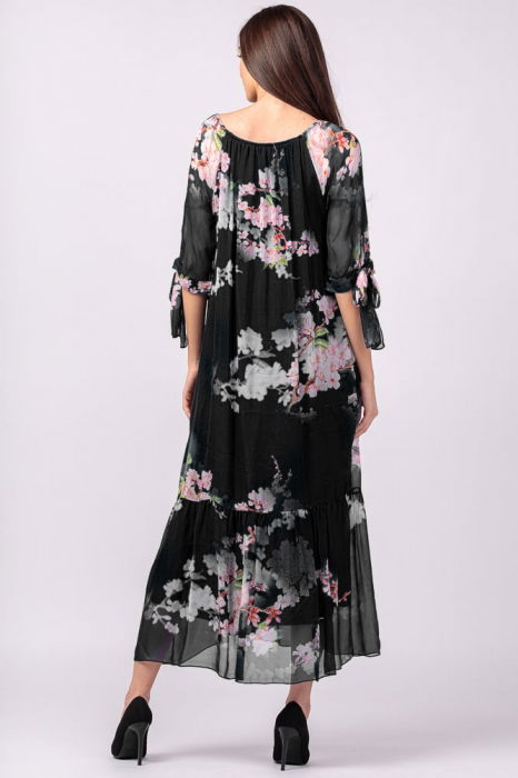 Rochie lunga din matase si vascoza, cu imprimeu flori de cires pe fond negru [4]
