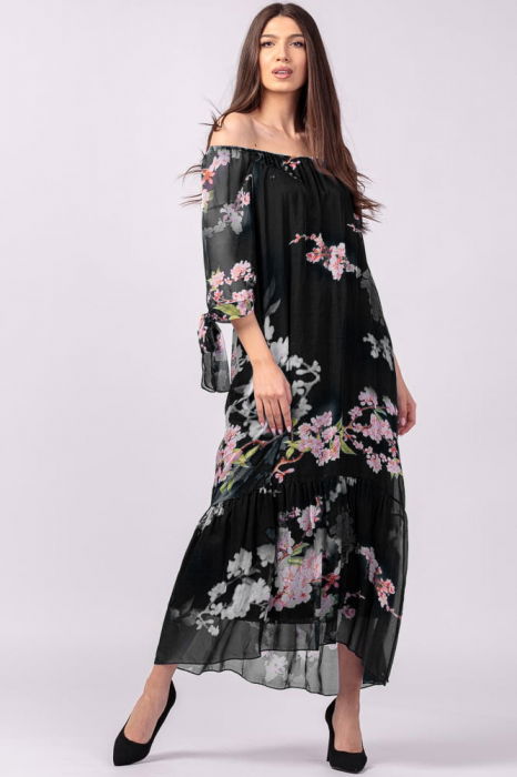 Rochie lunga din matase si vascoza, cu imprimeu flori de cires pe fond negru [2]