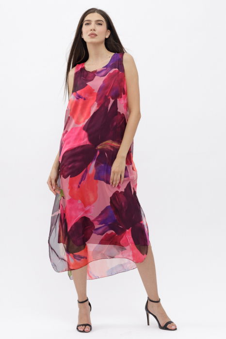 Rochie lunga A-line, cu imprimeu fucsia, corai si bordo [2]