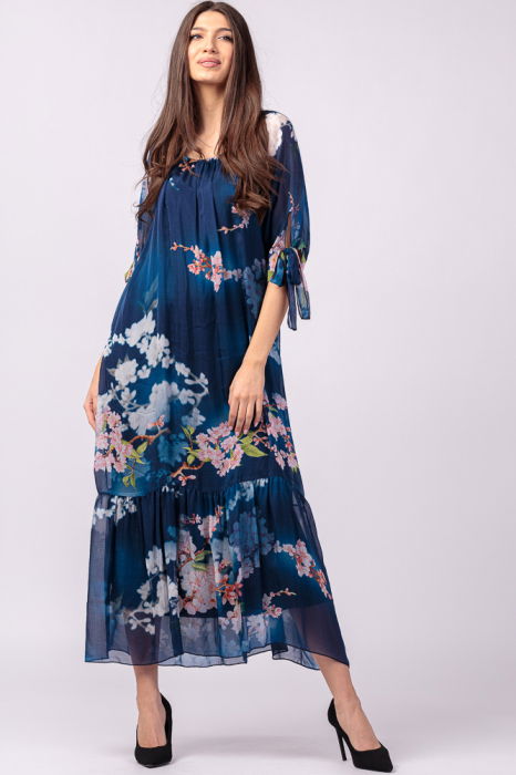 Rochie lunga din matase si vascoza, cu imprimeu flori de cires pe fond bleumarin [2]