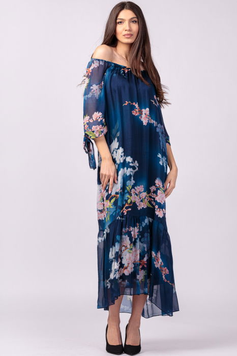 Rochie lunga din matase si vascoza, cu imprimeu flori de cires pe fond bleumarin [3]
