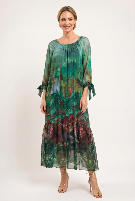 Rochie lunga din matase si vascoza, cu imprimeu floral artistic, verde