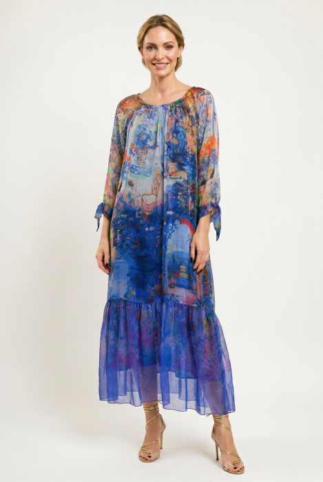Rochie lunga din matase si vascoza, cu imprimeu floral artistic, albastru electric
